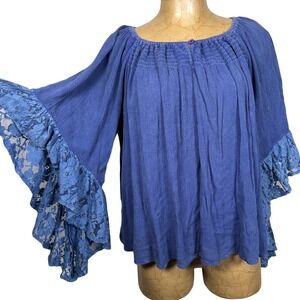 Purple Rayon Smocked Lace Bell Sleeve Boho Peasant Blouse Top Fairy Hippie loose